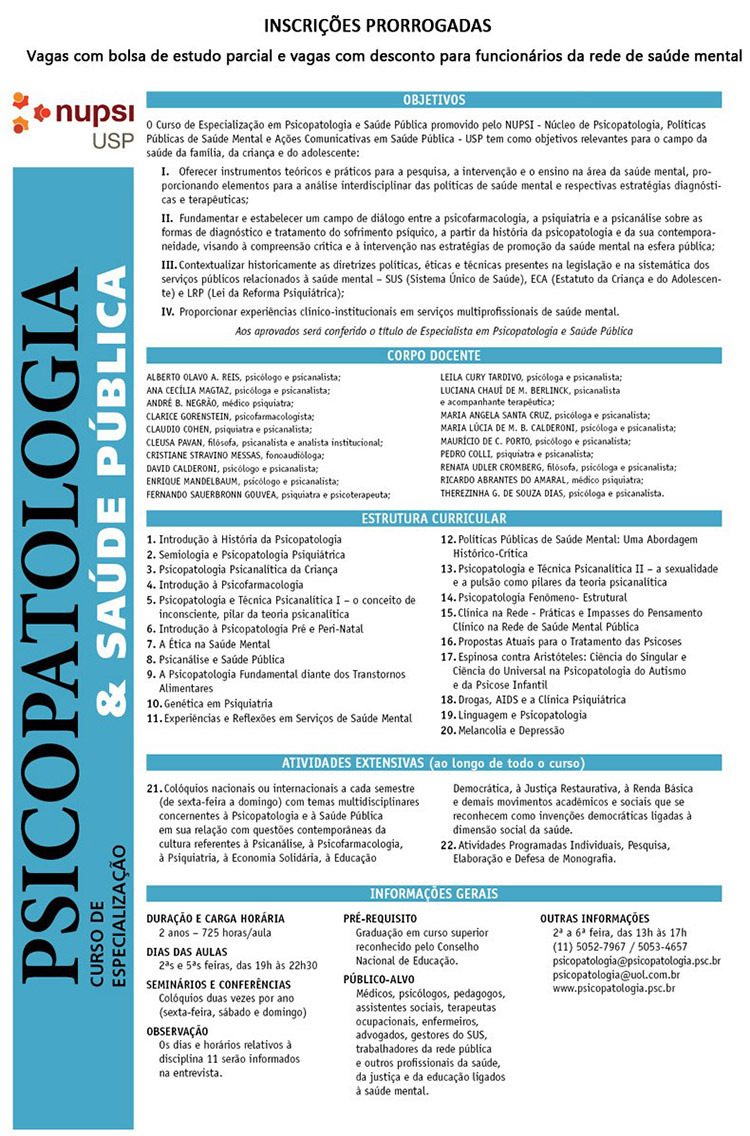 Psicopatologia & Saúde Pública - Curso de Especialização