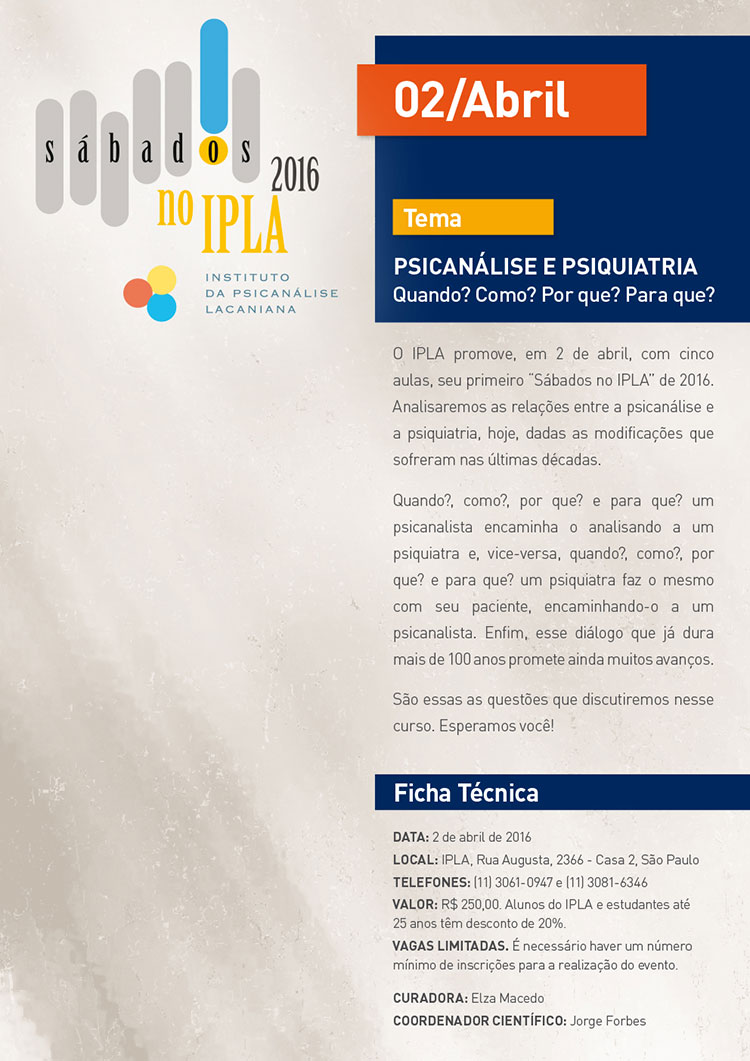 Sábados no IPLA – 2 abril - Psicanálise e Psiquiatria
